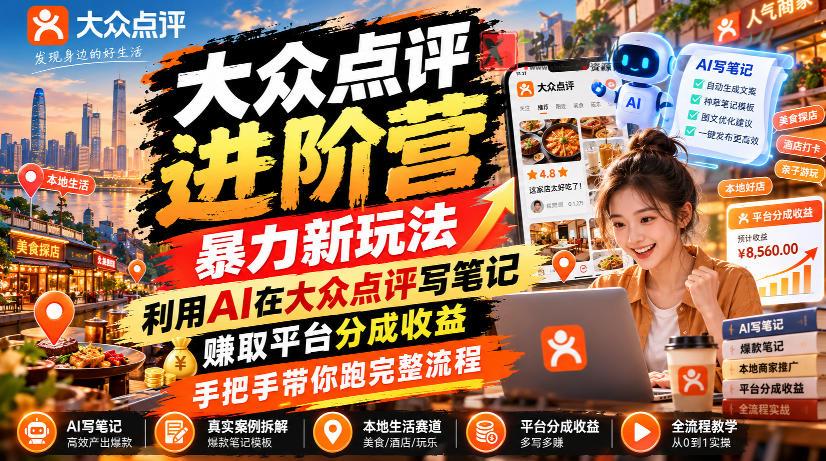 大众点评进阶营，暴力新玩法，利用AI在大众点评写笔记， 賺取平台分成收益，手把手带你跑完整流程-新发现资源网