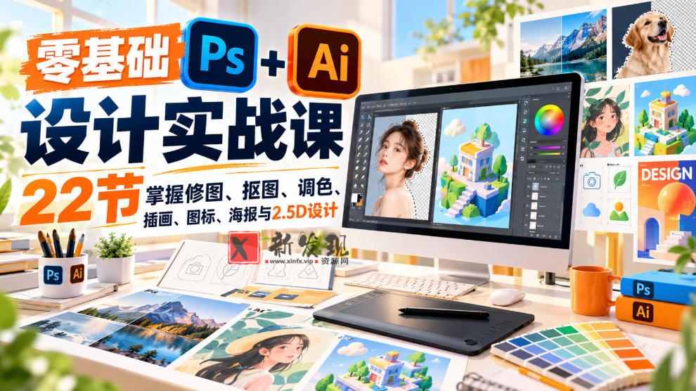 【无水印】零基础PS+AI设计实战课｜22节掌握修图、抠图、调色、插画、图标、海报与2.5D设计-新发现资源网
