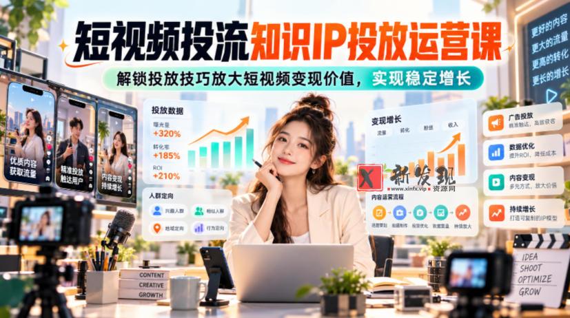 短视频投流知识IP投放运营课，解锁投放技巧放大短视频变现价值，实现稳定增长-新发现资源网