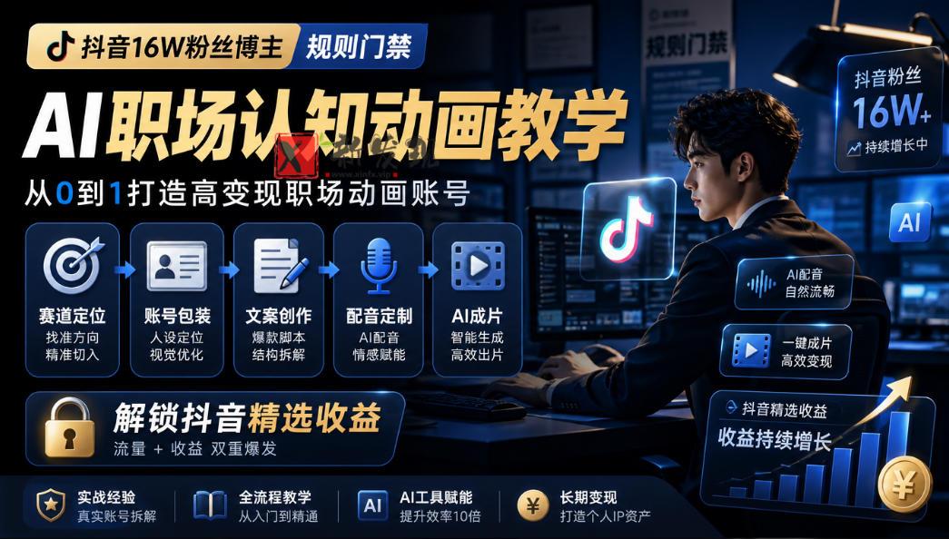 抖音16W粉丝博主规则门禁的AI职场认知动画教学，从赛道定位、账号包装，到文案创作、配音定制、AI成片，解锁抖音精选收益-新发现资源网
