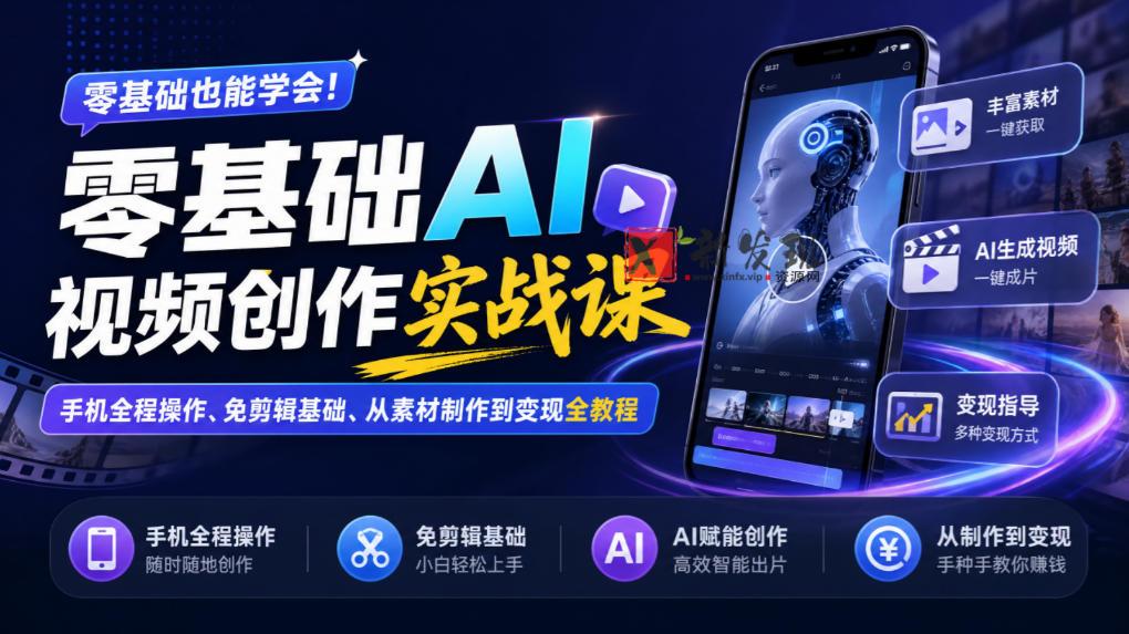 零基础AI视频创作实战课｜手机全程操作、免剪辑基础、从素材制作到变现全教程​-新发现资源网