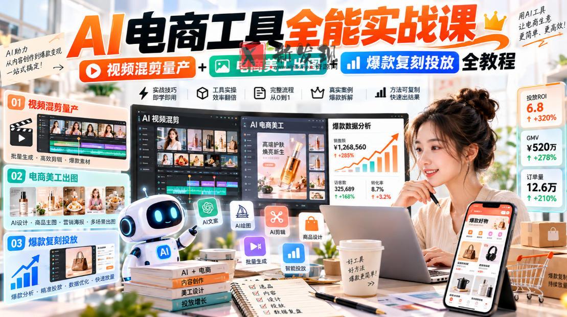 AI电商工具全能实战教学，视频混剪量产+电商美工出图+爆款复刻投放全教程​-新发现资源网