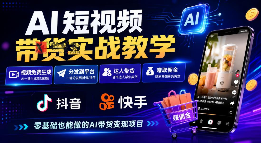 AI短视频带货实战教学，视频免费生成，分发到抖音快手平台，达人带货賺佣金-新发现资源网