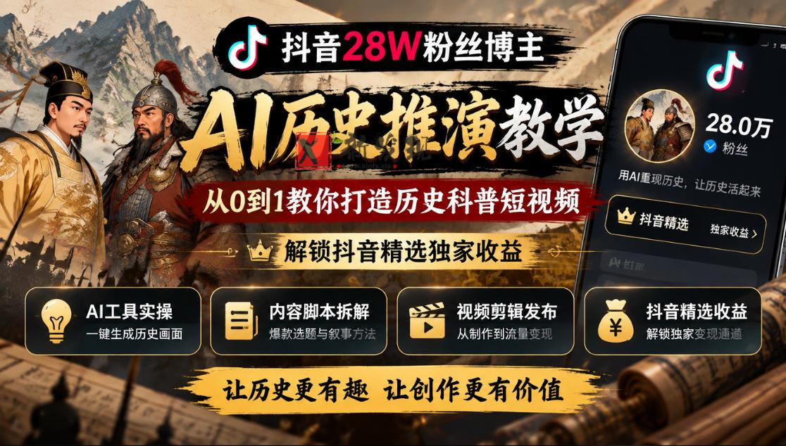 抖音28W粉丝博主的AI历史推演教学，从0到1教你打造历史科普短视频，解锁抖音精选独家收益-新发现资源网