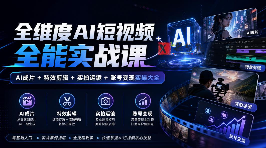 全维度AI短视频全能实战课，AI成片+特效剪辑+实拍运镜+账号变现实操大全-新发现资源网