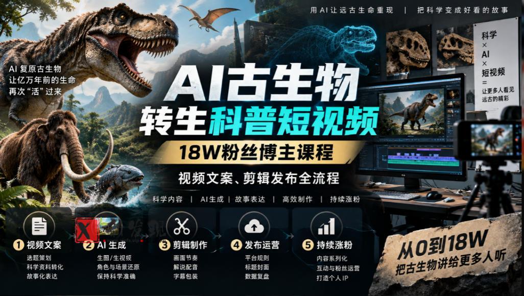 AI古生物转生科普短视频，18W粉丝博主课程，视频文案、剪辑发布全流程-新发现资源网