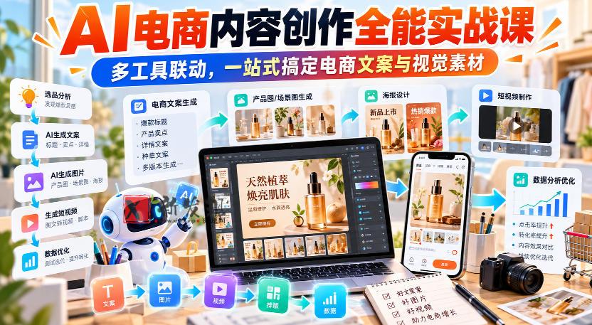 【无水印】AI电商内容创作全能实战课｜多工具联动，一站式搞定电商文案与视觉素材-新发现资源网