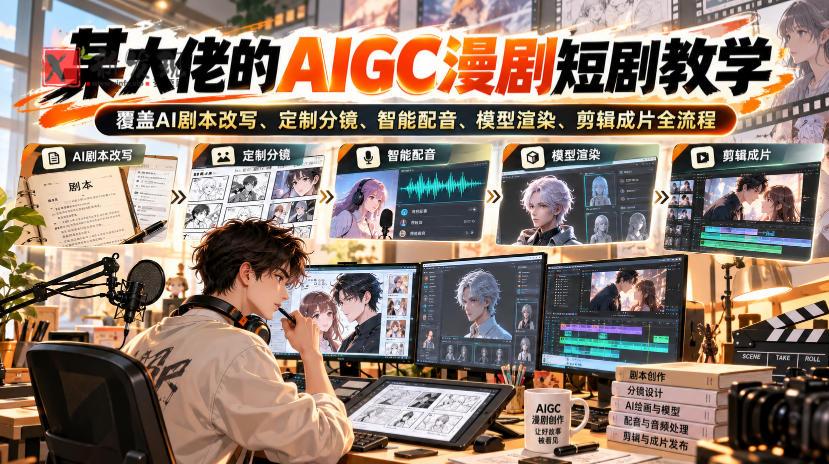 某大佬的AIGC漫剧短剧教学，覆盖AI剧本改写、定制分镜、智能配音、模型渲染、剪辑成片全流程-新发现资源网