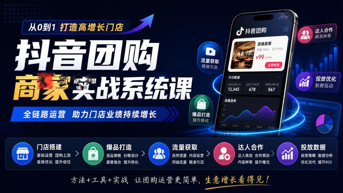 抖音团购商家实战系统课｜门店搭建、爆品打造、流量获取、达人合作、投放数据全链路运营-新发现资源网