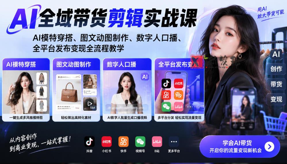 AI全域带货剪辑实战课|AI模特穿搭、图文动图制作、数字人口播、全平台发布变现全流程教学-新发现资源网