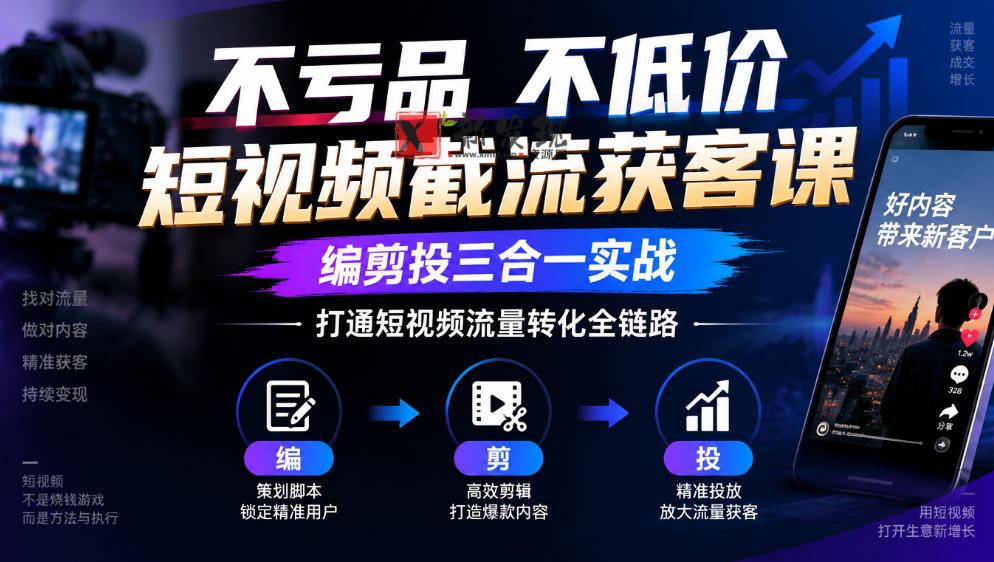 不亏品不低价短视频截流获客课，编剪投三合一实战，打通短视频流量转化全链路-新发现资源网