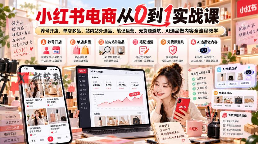 小红书电商从0到1实战课｜养号开店、单店多品、站内站外选品、笔记运营、无货源避坑、AI选品做内容全流程教学-新发现资源网