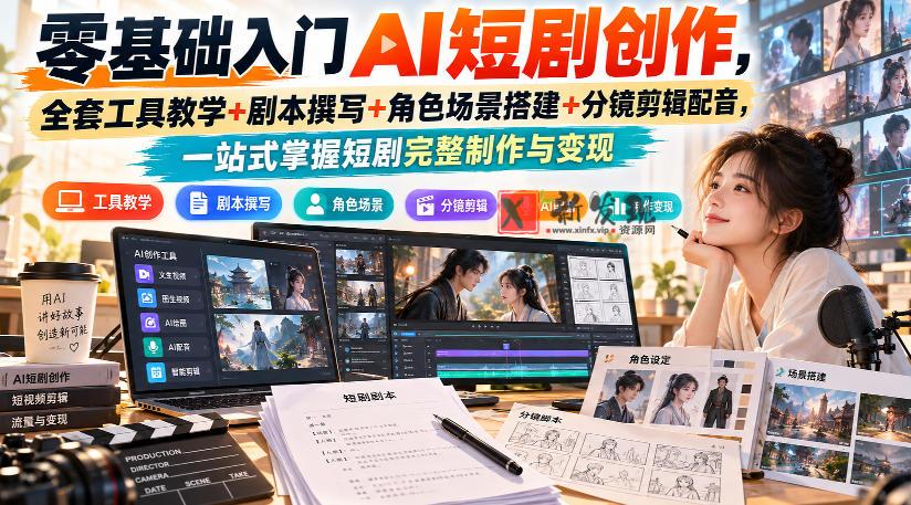 零基础入门AI短剧创作，全套工具教学+剧本撰写+角色场景搭建+分镜剪辑配音，一站式掌握短剧完整制作与变现-新发现资源网