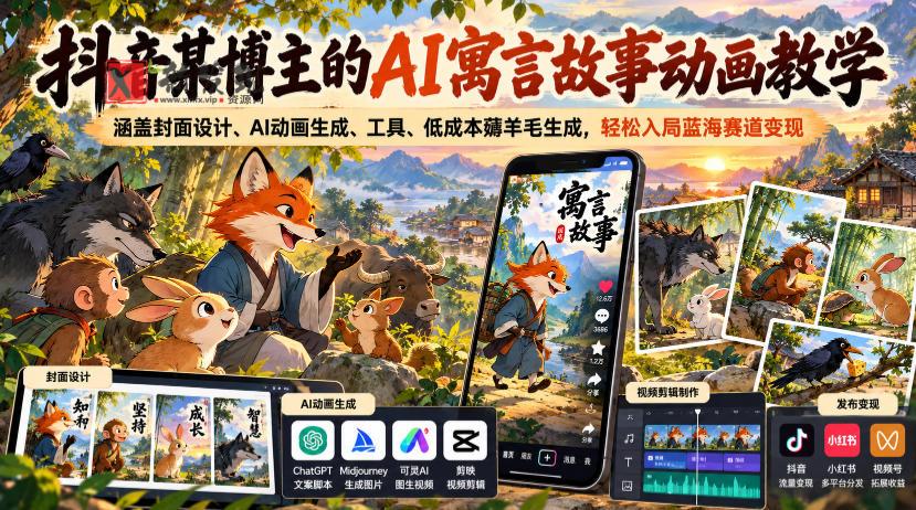 抖音某博主的AI寓言故事动画教学，涵盖封面设计、AI动画生成、工具、低成本薅羊毛生成，轻松入局蓝海赛道变现-新发现资源网