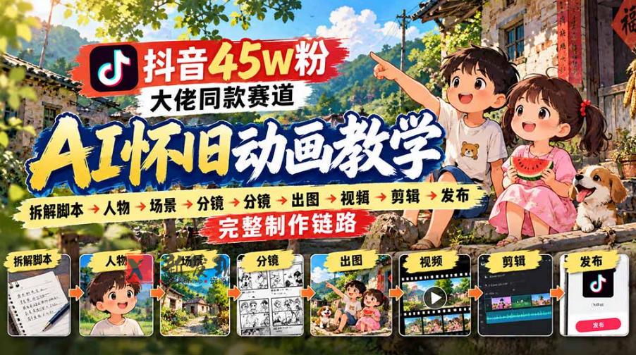 抖音45W粉大佬同款赛道AI怀旧动画实战课：拆解脚本→人物→场景→分镜→出图→视频→剪辑→发布完整制作链路-新发现资源网