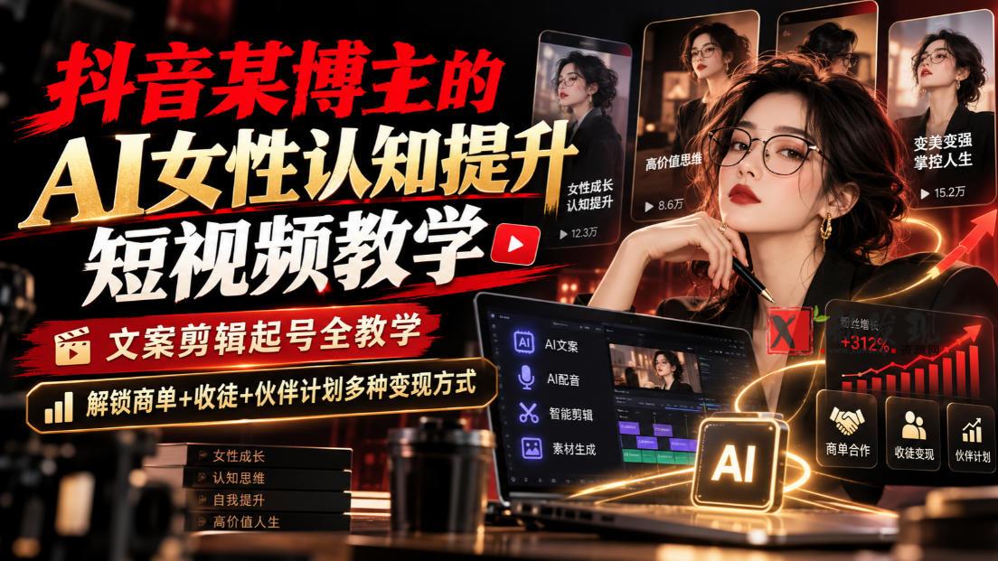 抖音某博主的Ai女性认知提升短视频教学，文案剪辑起号全教学，解锁商单+收徒+伙伴计划多种变现方式-新发现资源网