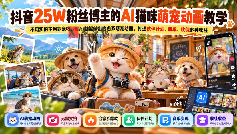 抖音25W粉丝博主的AI猫咪萌宠动画教学，不用实拍不用养宠物，用AI就能做出治愈系萌宠动画，打通伙伴计划、商单、收徒多种收益-新发现资源网