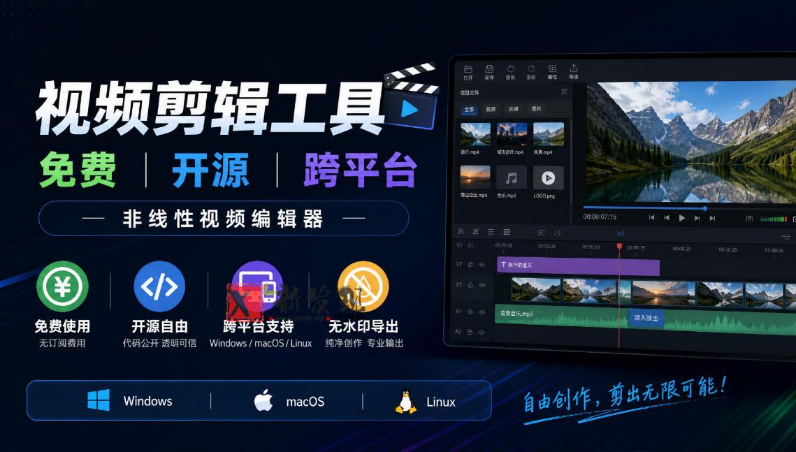 视频剪辑工具，免费、开源、跨平台，非线性视频编辑器，支持Windows、macOS、Linux，无水印、无订阅费用-新发现资源网