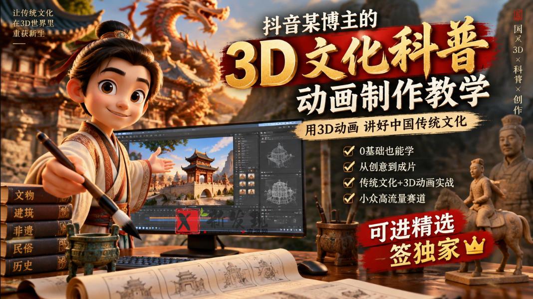 抖音某博主的3D文化科普动画制作教学，用3D动画呈现中国传统文化，可进精选签独家，单日收益1k+-新发现资源网