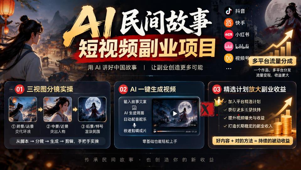 AI民间故事短视频副业项目，多平台流量分成，三视图分镜实操，精选计划放大副业收益-新发现资源网