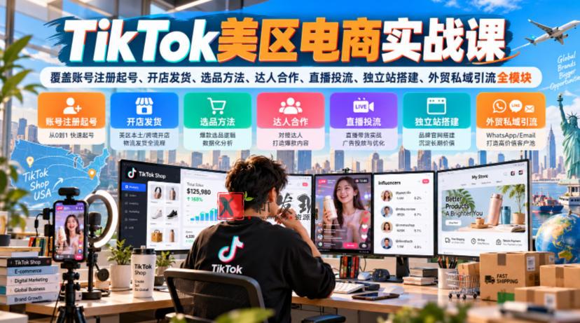 TikTok美区电商实战课，覆盖账号注册起号、开店发货、选品方法、达人合作、直播投流、独立站搭建、外贸私域引流全模块-新发现资源网