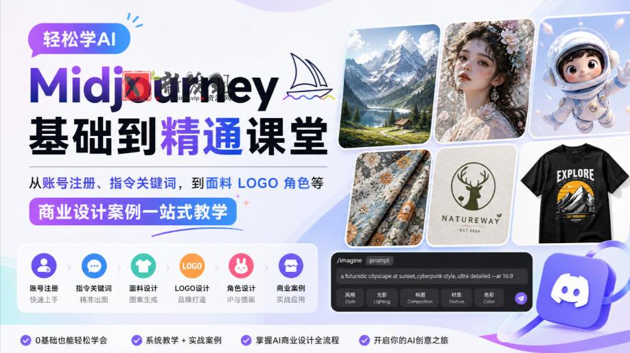 轻松学AI Midjourney基础到精通课堂，从账号注册、指令关键词，到面料LOGO角色等商业设计案例一站式教学-新发现资源网