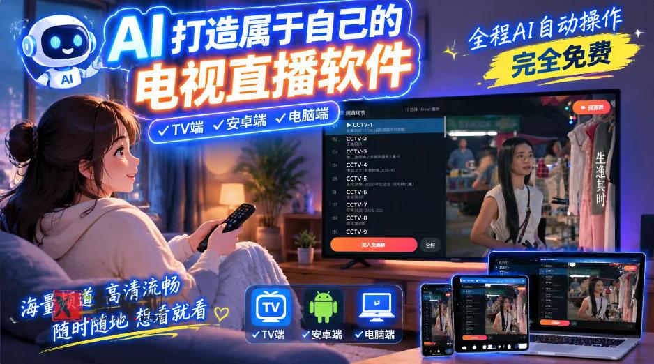 一个提示词，AI全自动做出电视直播软件，电脑、安卓、电视三端通用，完全免费，画质流畅不卡顿-新发现资源网