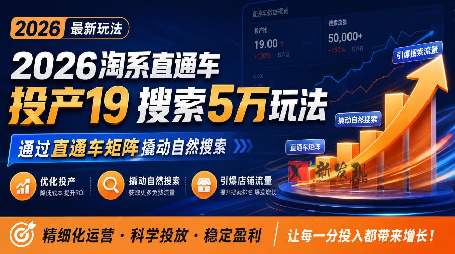 2026淘系直通车投产19搜索5万玩法，通过直通车矩阵撬动自然搜索，帮助商家优化投产，引爆店铺搜索流量-新发现资源网