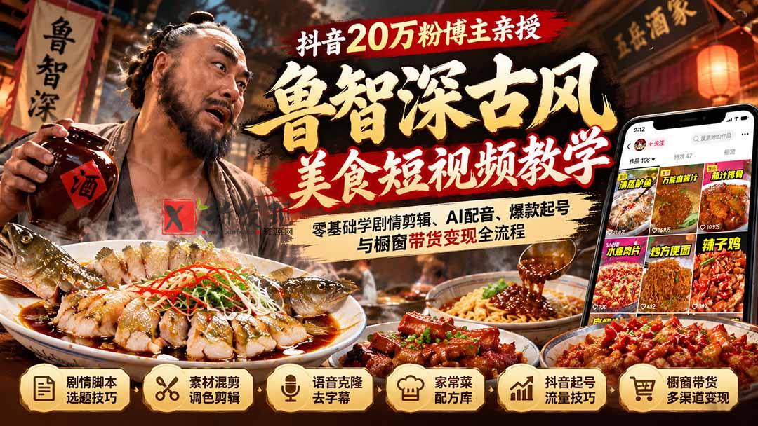 抖音20万粉博主亲授鲁智深古风美食玩法：零基础学剧情剪辑、AI配音、爆款起号与橱窗带货变现全流程-新发现资源网